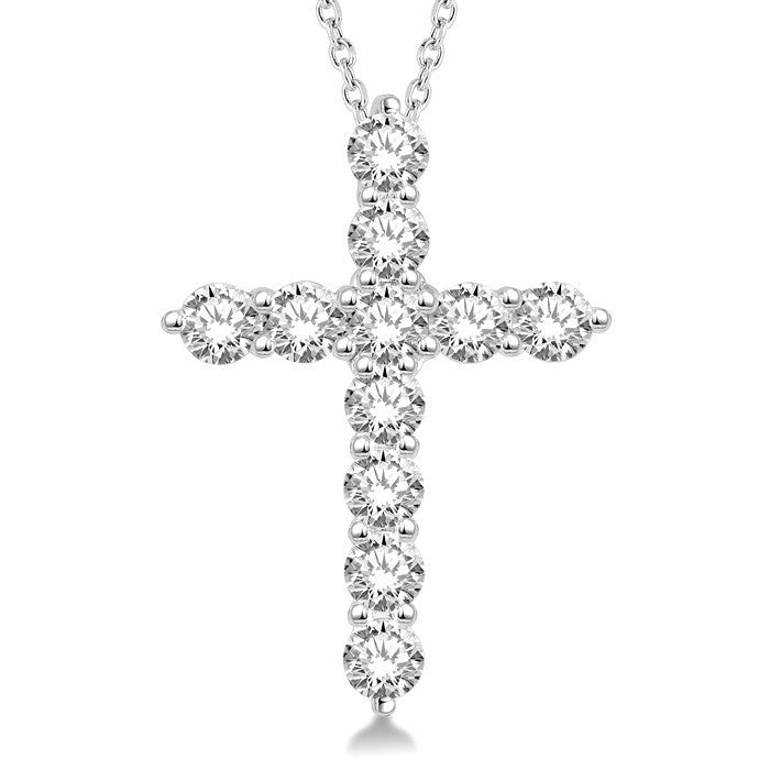 1 1/2 Ctw Round Cut Diamond Cross Pendant in 14K White Gold with Chain