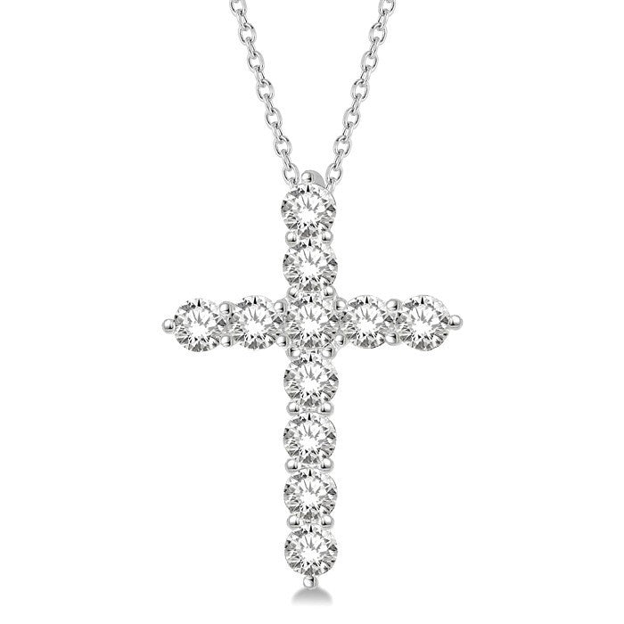 2 Ctw Round Cut Diamond Cross Pendant in 14K White Gold with Chain