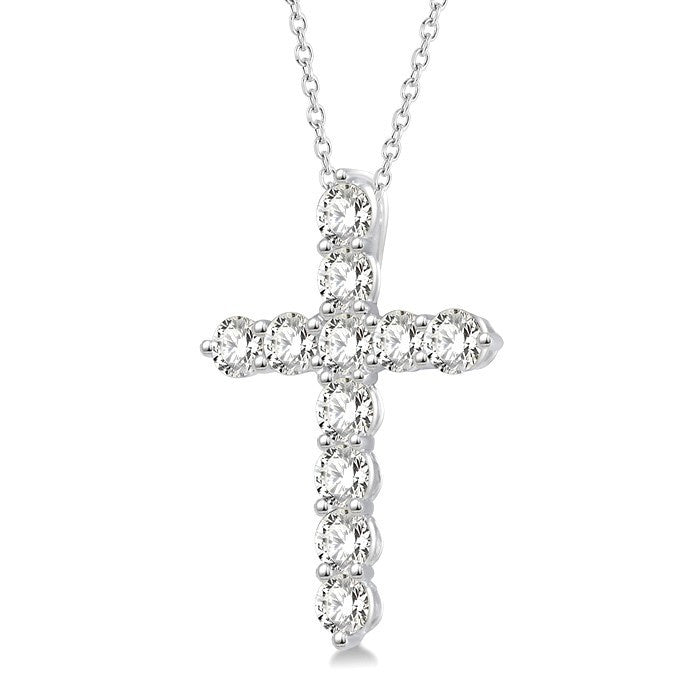 2 Ctw Round Cut Diamond Cross Pendant in 14K White Gold with Chain