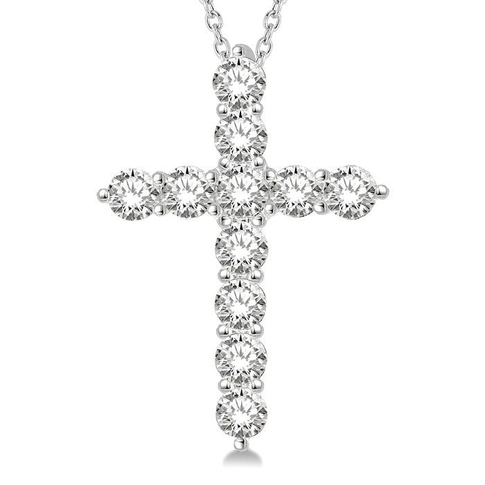 2 Ctw Round Cut Diamond Cross Pendant in 14K White Gold with Chain