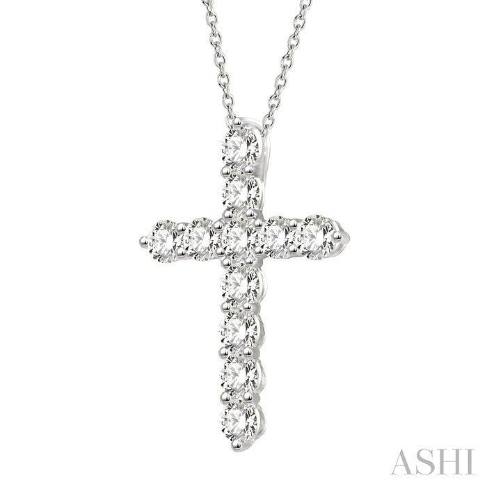 1 1/2 Ctw Round Cut Diamond Cross Pendant in 14K White Gold with Chain