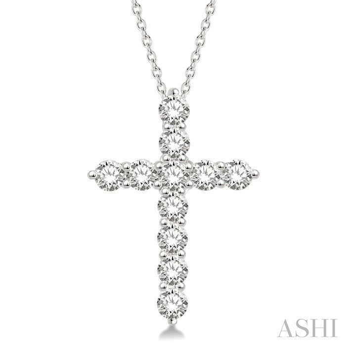 1 1/2 Ctw Round Cut Diamond Cross Pendant in 14K White Gold with Chain