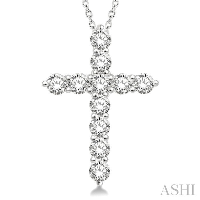 1 1/2 Ctw Round Cut Diamond Cross Pendant in 14K White Gold with Chain