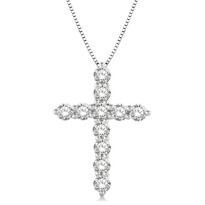 1 Ctw Round Cut Diamond Cross Pendant in 14K White Gold with Chain