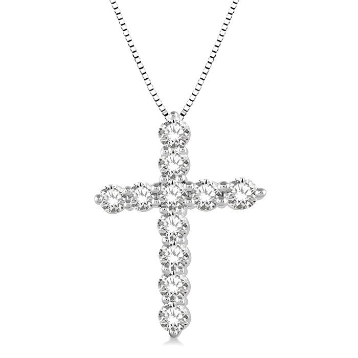 1 Ctw Round Cut Diamond Cross Pendant in 14K White Gold with Chain