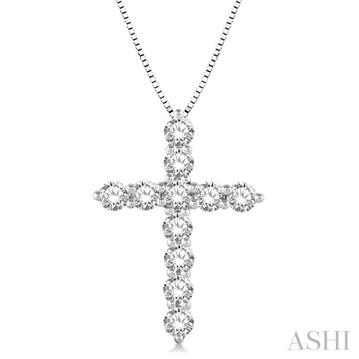 1 Ctw Round Cut Diamond Cross Pendant in 14K White Gold with Chain