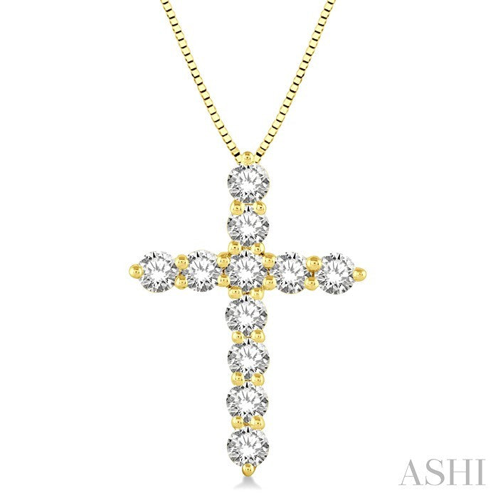 1 Ctw Round Cut Diamond Cross Pendant in 14K Yellow Gold with Chain