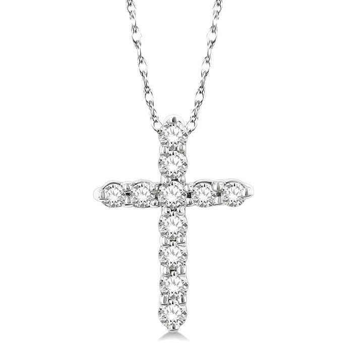 1/10 Ctw Round Cut Diamond Cross Pendant in 14K White Gold with Chain