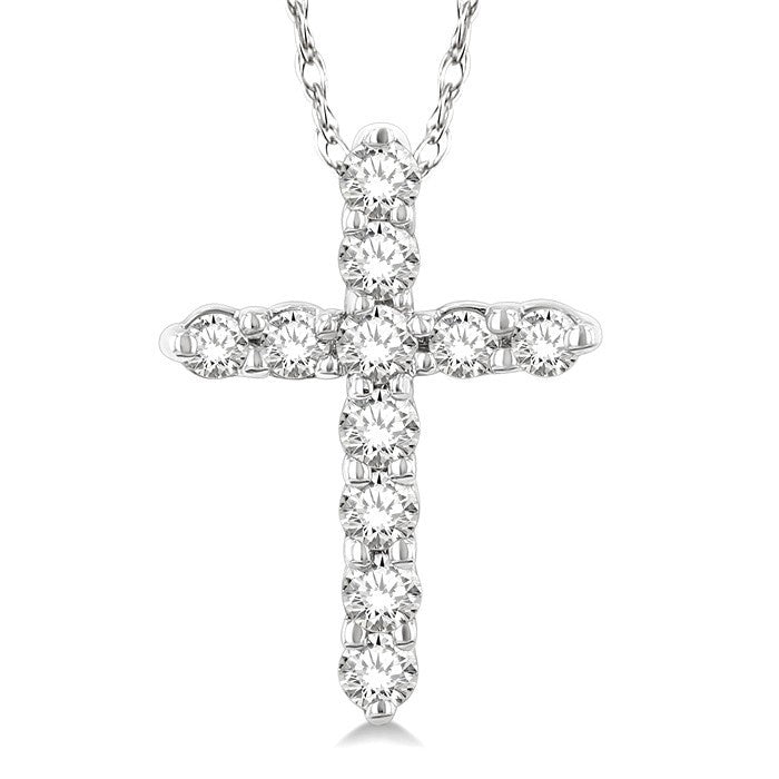 1/10 Ctw Round Cut Diamond Cross Pendant in 14K White Gold with Chain