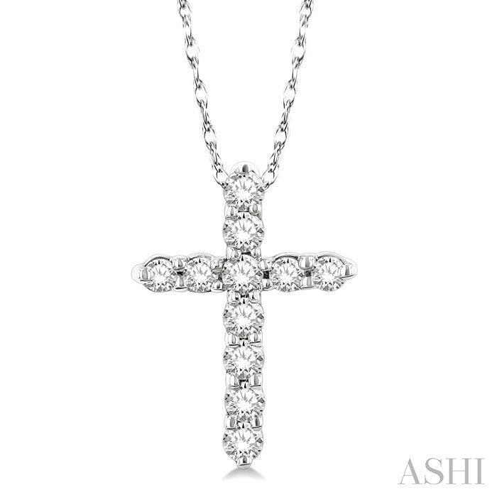 1/10 Ctw Round Cut Diamond Cross Pendant in 14K White Gold with Chain