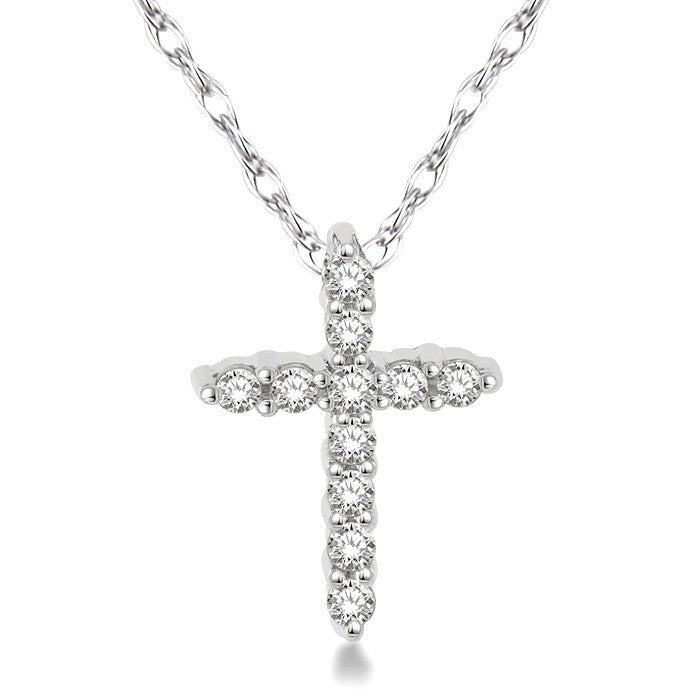 1/20 Ctw Round Cut Diamond Cross Petite Pendant in 14K White Gold with Chain