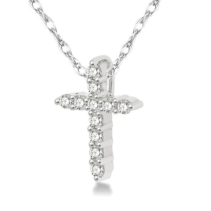 1/20 Ctw Round Cut Diamond Cross Petite Pendant in 14K White Gold with Chain