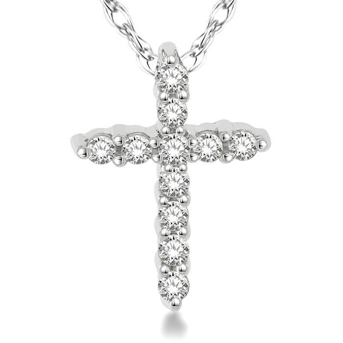 1/20 Ctw Round Cut Diamond Cross Petite Pendant in 14K White Gold with Chain