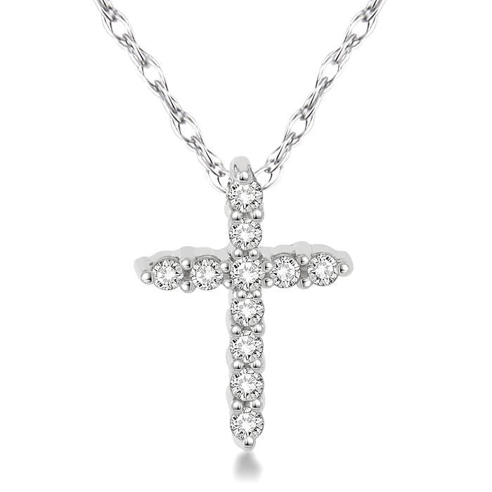 1/20 Ctw Round Cut Diamond Cross Petite Pendant in 10K White Gold with Chain