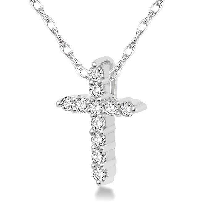 1/20 Ctw Round Cut Diamond Cross Petite Pendant in 10K White Gold with Chain