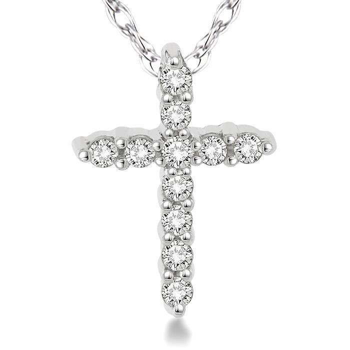1/20 Ctw Round Cut Diamond Cross Petite Pendant in 10K White Gold with Chain