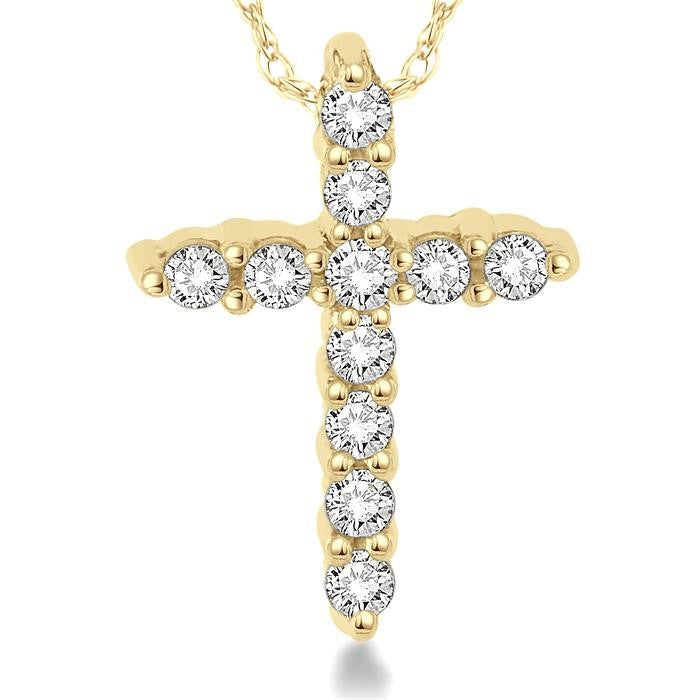 1/20 Ctw Round Cut Diamond Cross Petite Pendant in 10K Yellow Gold with Chain