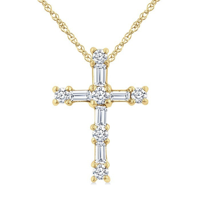 1/20 Ctw Round Cut Diamond Cross Pendant in 10K Yellow Gold with Chain