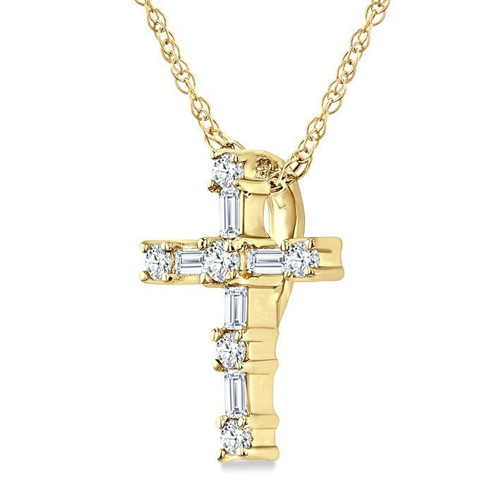 1/20 Ctw Round Cut Diamond Cross Pendant in 10K Yellow Gold with Chain