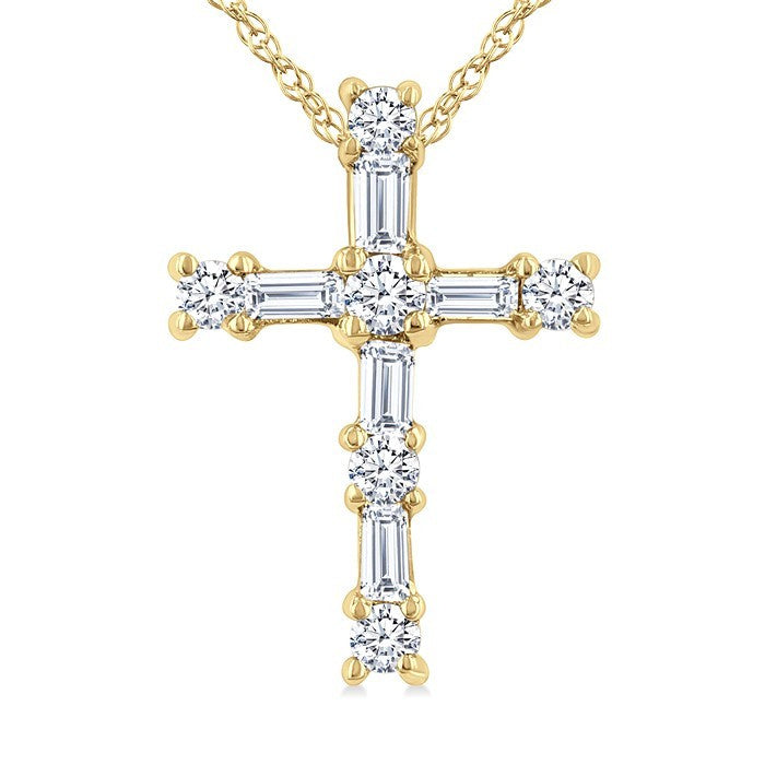 1/20 Ctw Round Cut Diamond Cross Pendant in 10K Yellow Gold with Chain