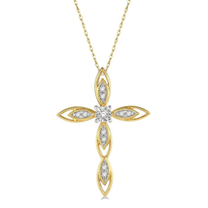 1/10 Ctw Extended Frame Marquise Cross Round Cut Diamond Pendant With Chain in 10K Yellow Gold