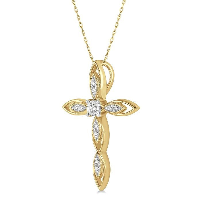 1/10 Ctw Extended Frame Marquise Cross Round Cut Diamond Pendant With Chain in 10K Yellow Gold