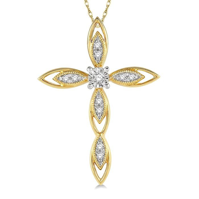1/10 Ctw Extended Frame Marquise Cross Round Cut Diamond Pendant With Chain in 10K Yellow Gold