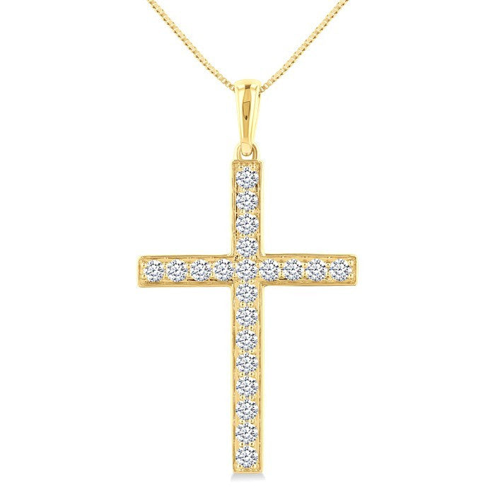 1/2 Ctw Round Cut Diamond Pave Set 1-Inch Plate Cross Pendant With Chain in 14K Yellow Gold