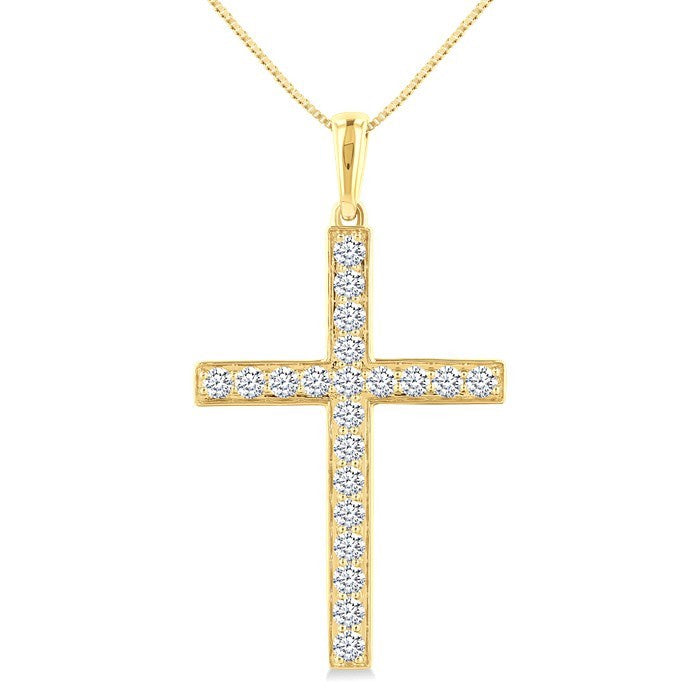 1/2 Ctw Round Cut Diamond Pave Set 1-Inch Plate Cross Pendant With Chain in 14K Yellow Gold