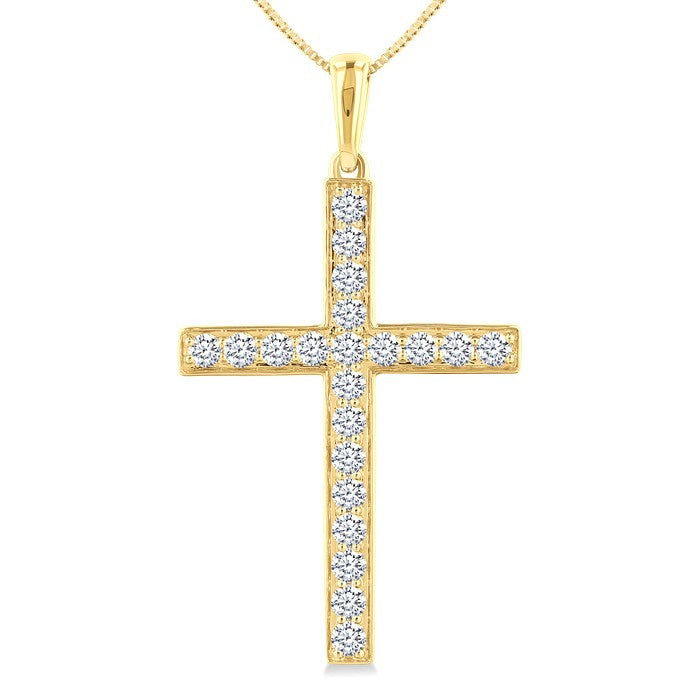 1/2 Ctw Round Cut Diamond Pave Set 1-Inch Plate Cross Pendant With Chain in 14K Yellow Gold