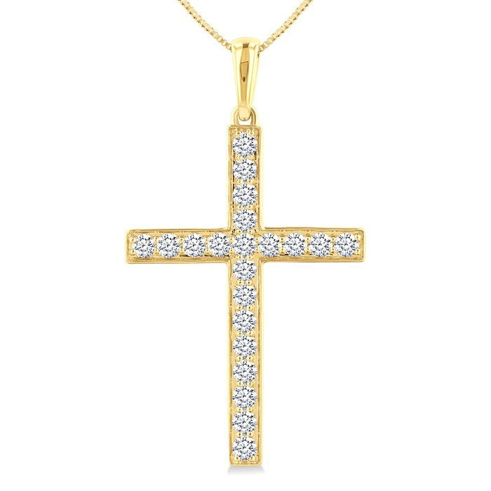 1/2 Ctw Round Cut Diamond Pave Set 1-Inch Plate Cross Pendant With Chain in 14K Yellow Gold