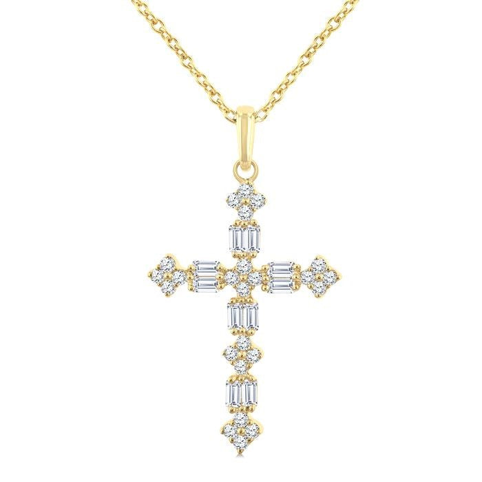 1/3 Ctw Floral Cross Fusion Baguette and Round Cut Diamond Fashion Pendant With Chain in 14K Yellow Gold