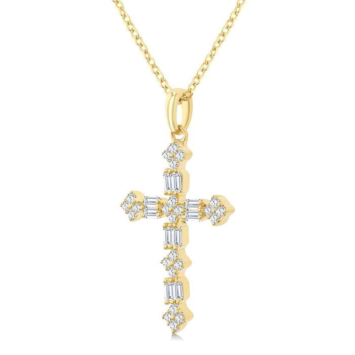 1/3 Ctw Floral Cross Fusion Baguette and Round Cut Diamond Fashion Pendant With Chain in 14K Yellow Gold