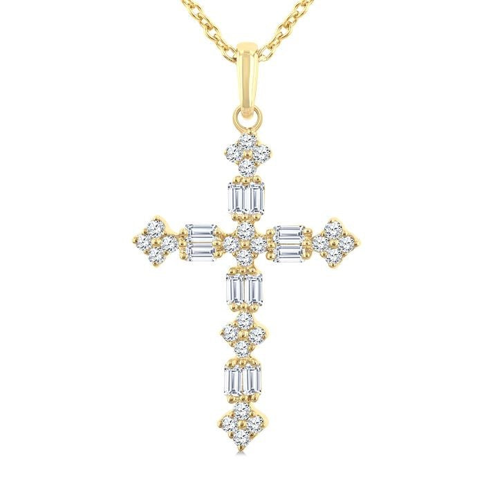 1/3 Ctw Floral Cross Fusion Baguette and Round Cut Diamond Fashion Pendant With Chain in 14K Yellow Gold