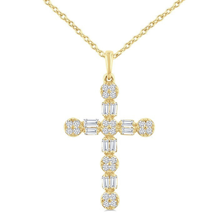 1/3 Ctw Floral Cross Fusion Baguette and Round Cut Diamond Fashion Pendant With Chain in 14K Yellow Gold