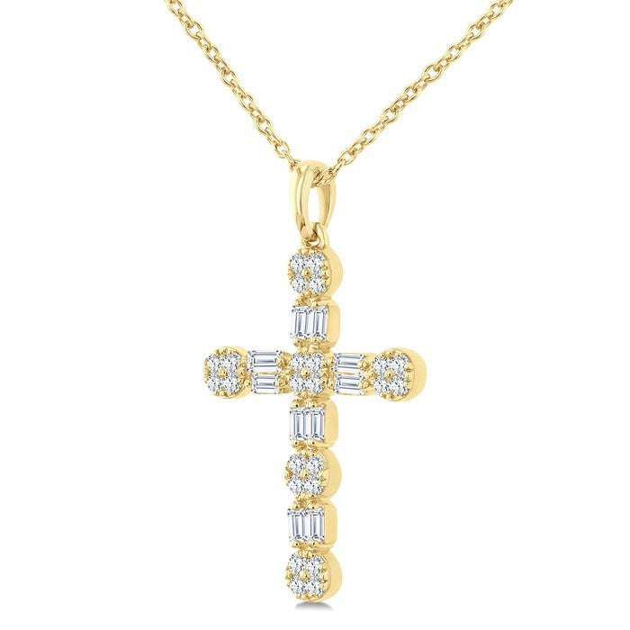 1/3 Ctw Floral Cross Fusion Baguette and Round Cut Diamond Fashion Pendant With Chain in 14K Yellow Gold
