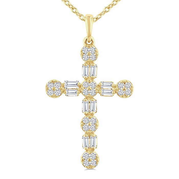 1/3 Ctw Floral Cross Fusion Baguette and Round Cut Diamond Fashion Pendant With Chain in 14K Yellow Gold