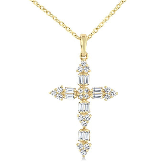 1/3 Ctw Baguette and Round Cut Diamond Geometric Cross Charm Fashion Pendant With Chain in 14K Yellow Gold