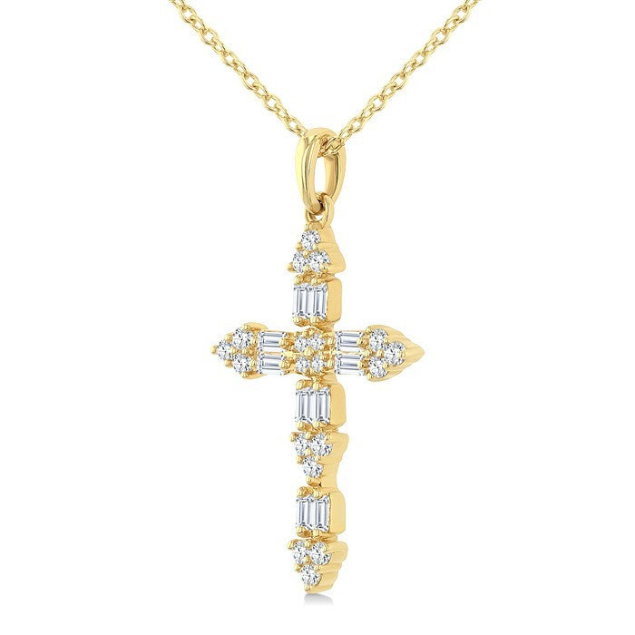 1/3 Ctw Baguette and Round Cut Diamond Geometric Cross Charm Fashion Pendant With Chain in 14K Yellow Gold