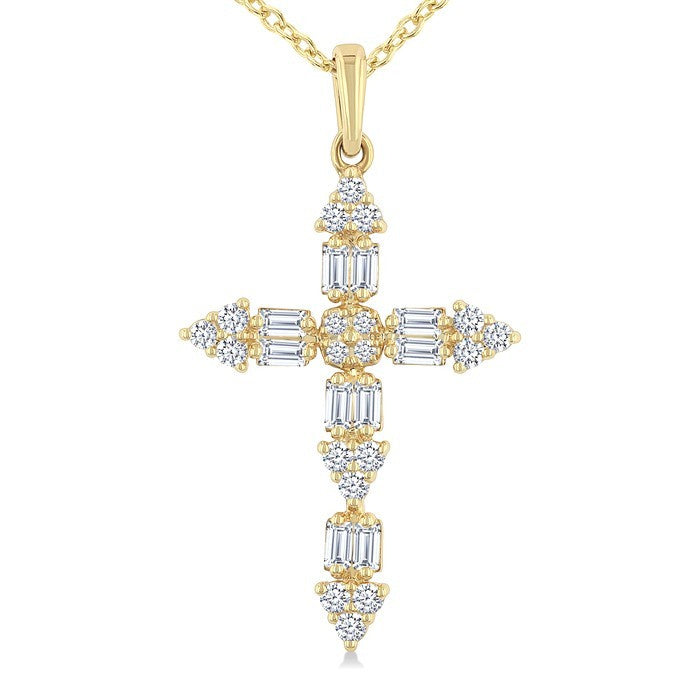 1/3 Ctw Baguette and Round Cut Diamond Geometric Cross Charm Fashion Pendant With Chain in 14K Yellow Gold