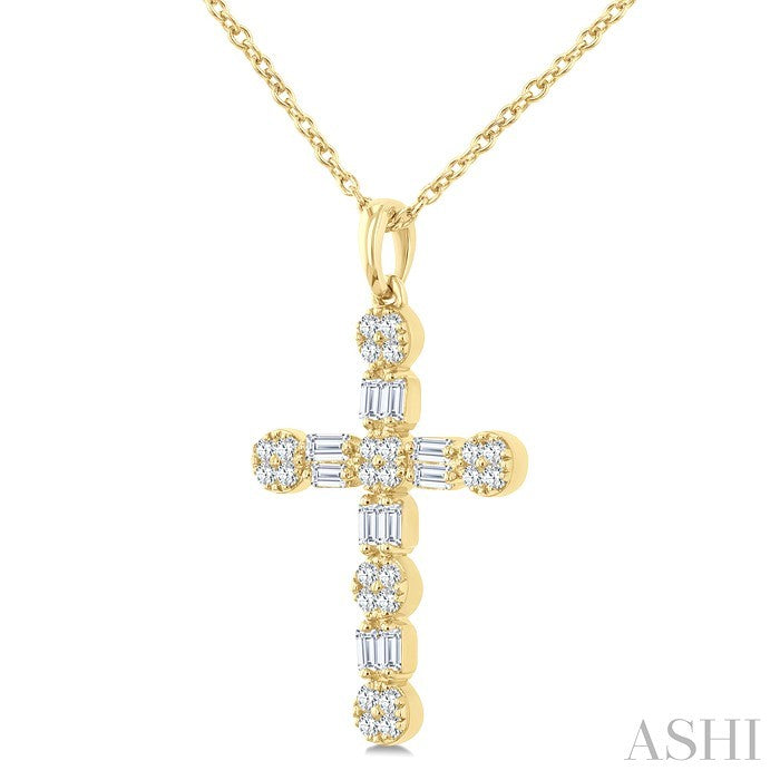 1/3 Ctw Floral Cross Fusion Baguette and Round Cut Diamond Fashion Pendant With Chain in 14K Yellow Gold