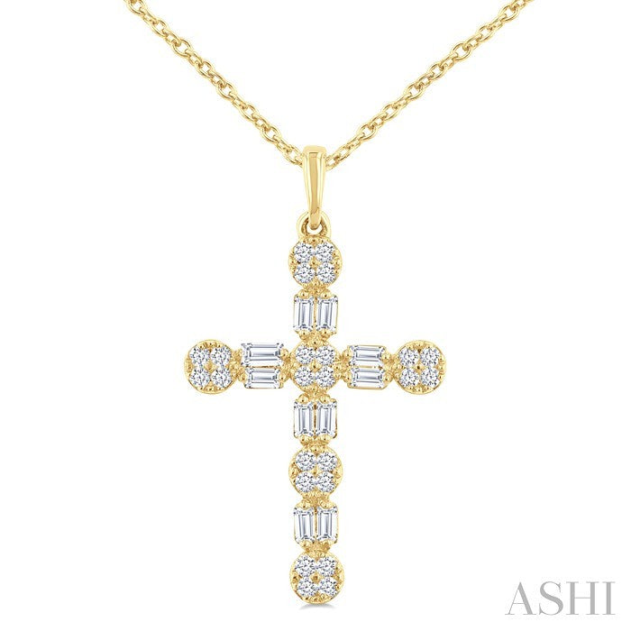 1/3 Ctw Floral Cross Fusion Baguette and Round Cut Diamond Fashion Pendant With Chain in 14K Yellow Gold