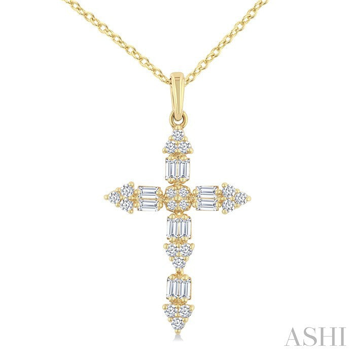 1/3 Ctw Baguette and Round Cut Diamond Geometric Cross Charm Fashion Pendant With Chain in 14K Yellow Gold