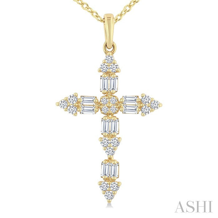 1/3 Ctw Baguette and Round Cut Diamond Geometric Cross Charm Fashion Pendant With Chain in 14K Yellow Gold