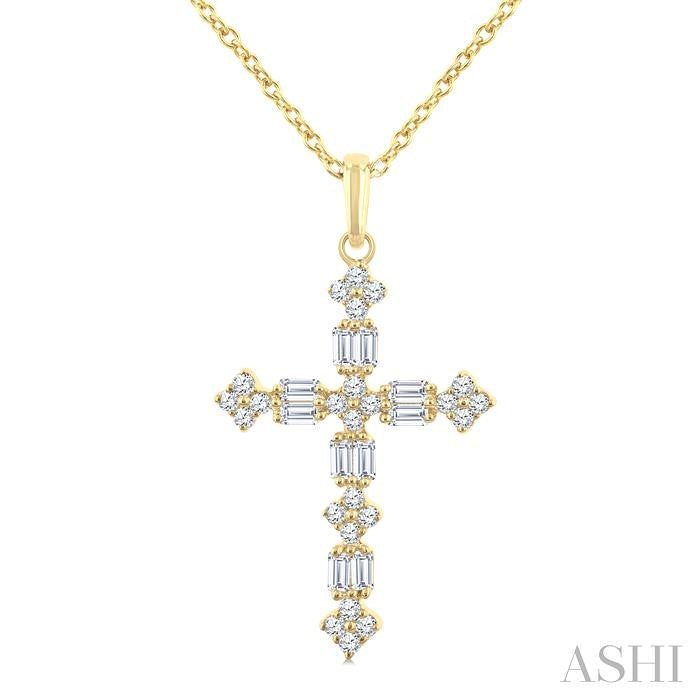 1/3 Ctw Floral Cross Fusion Baguette and Round Cut Diamond Fashion Pendant With Chain in 14K Yellow Gold