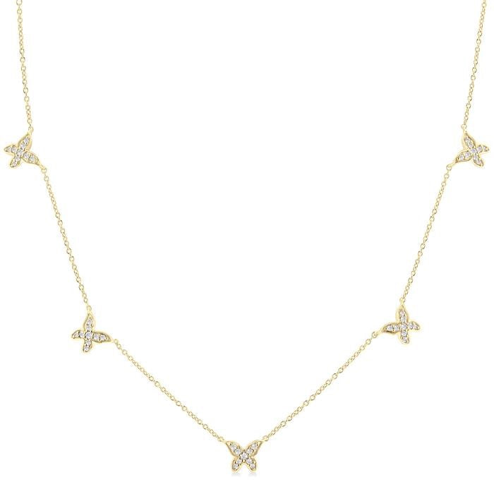 1/5 Ctw Butterfly Motif Round Cut Diamond Station Necklace in 14K Yellow Gold