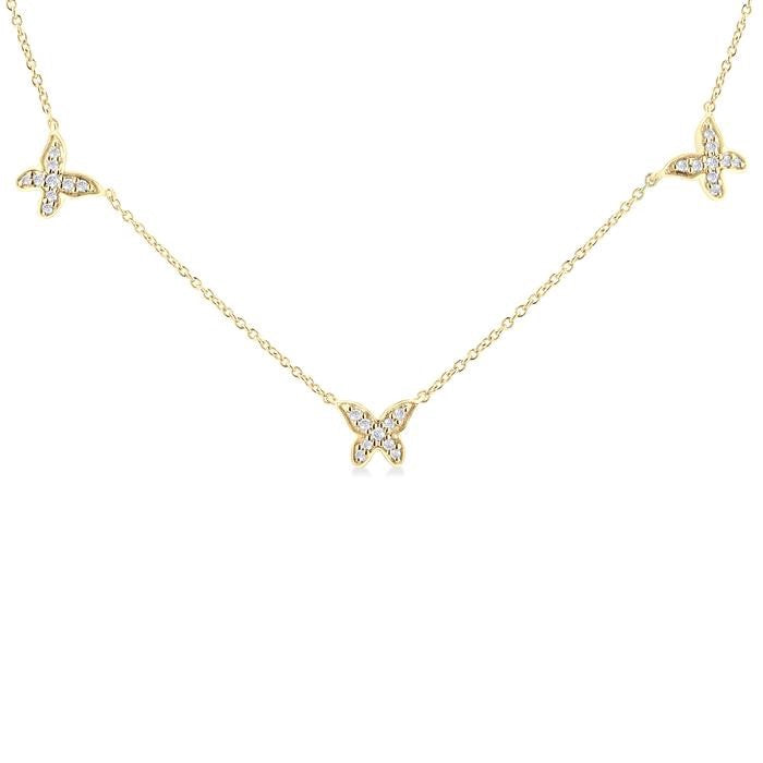 1/5 Ctw Butterfly Motif Round Cut Diamond Station Necklace in 14K Yellow Gold