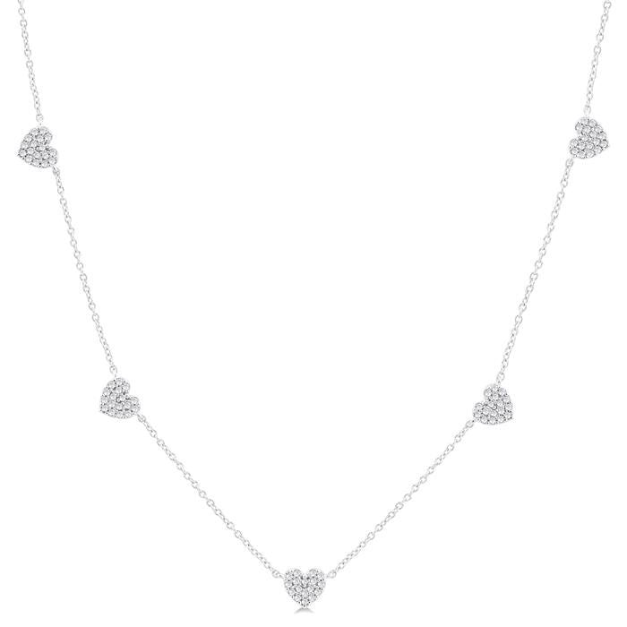 1/4 Ctw Heart Motif Round Cut Diamond Station Necklace in 14K White Gold