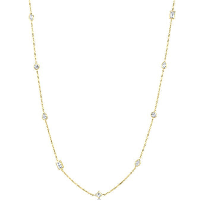 1 Ctw Bezel Set Mixed Cut Diamond Station Necklace in 14K Yellow Gold