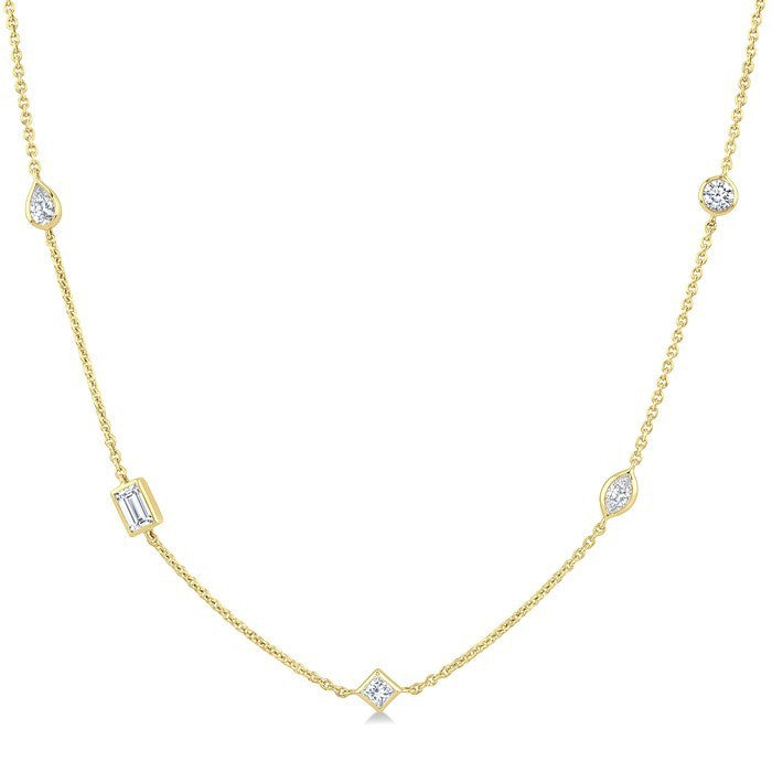 1 Ctw Bezel Set Mixed Cut Diamond Station Necklace in 14K Yellow Gold